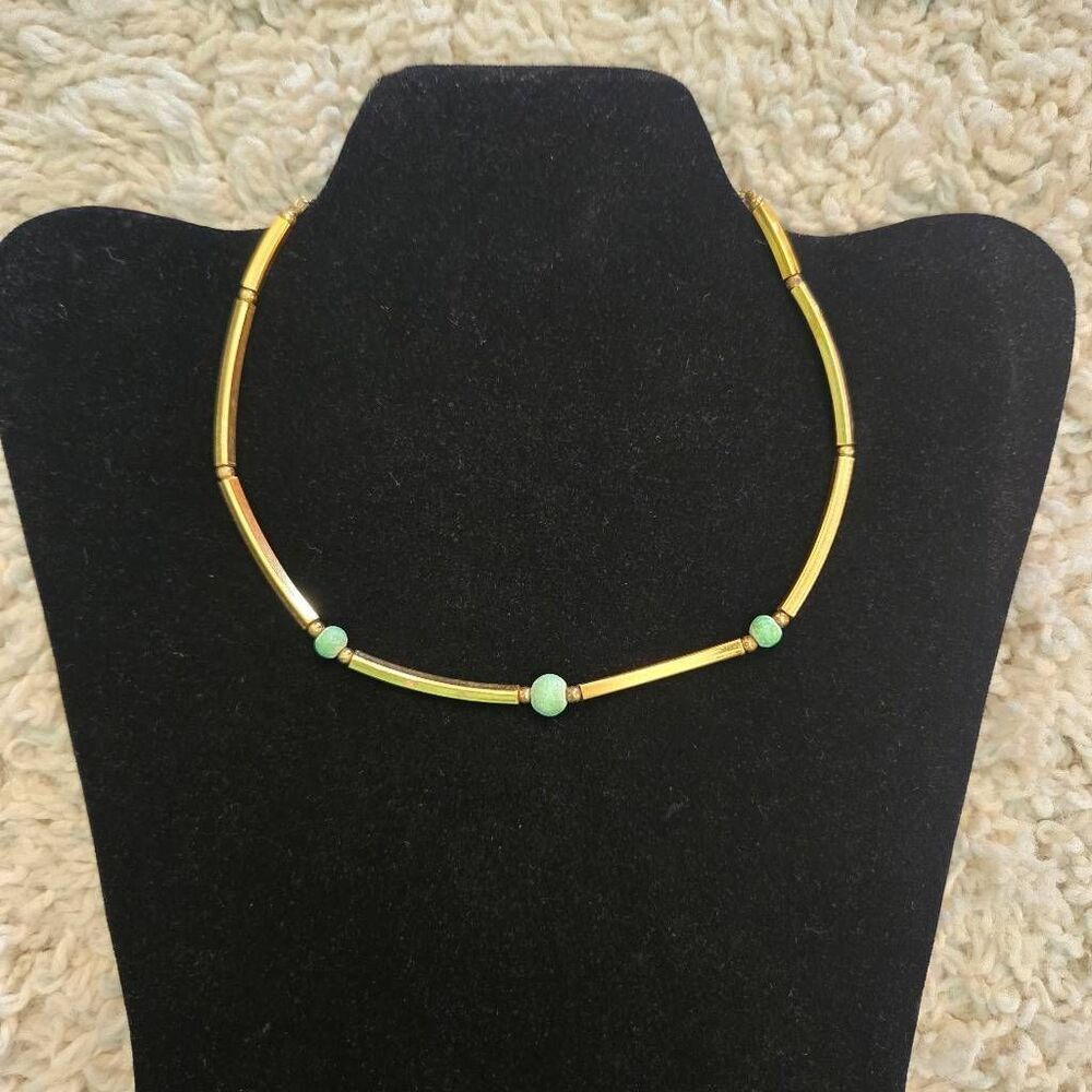 Vintage Gold Bar & Green Bead Choker Necklace
